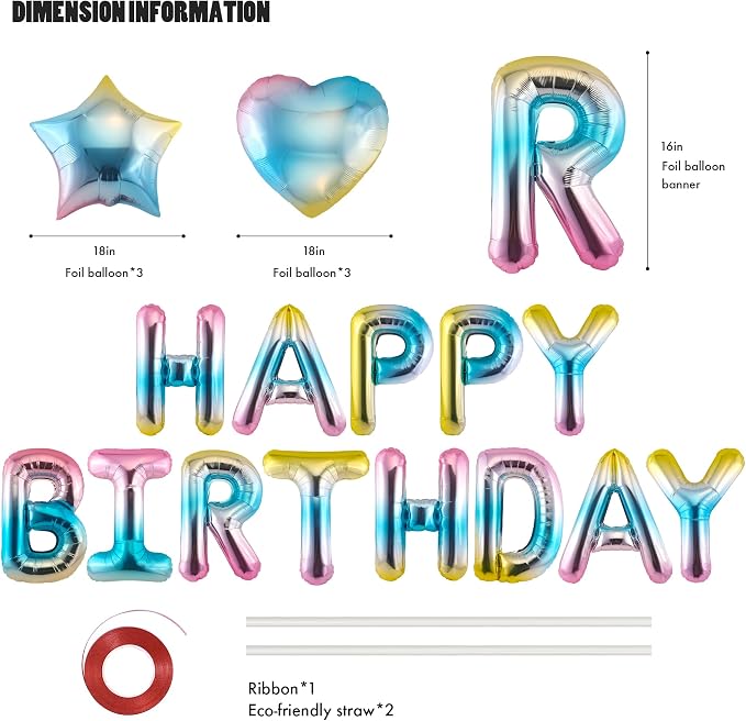 CANREVEL Happy Birthday Banner + 12Pcs Star & Heart Balloons, Gradient | 13pcs - Image 2