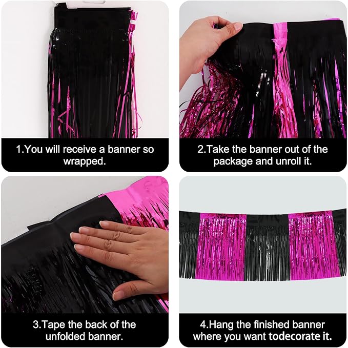BEISHIDA Hot Pink Fringe Garland Banner 30ft Wall Tinsel Foil Streamers | 3Pack - Image 3