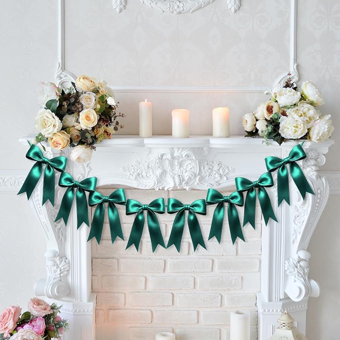 1 String of 8PCS Dark Green Bow Garland Banner Decoration, Pre-Strung Satin - Image 6