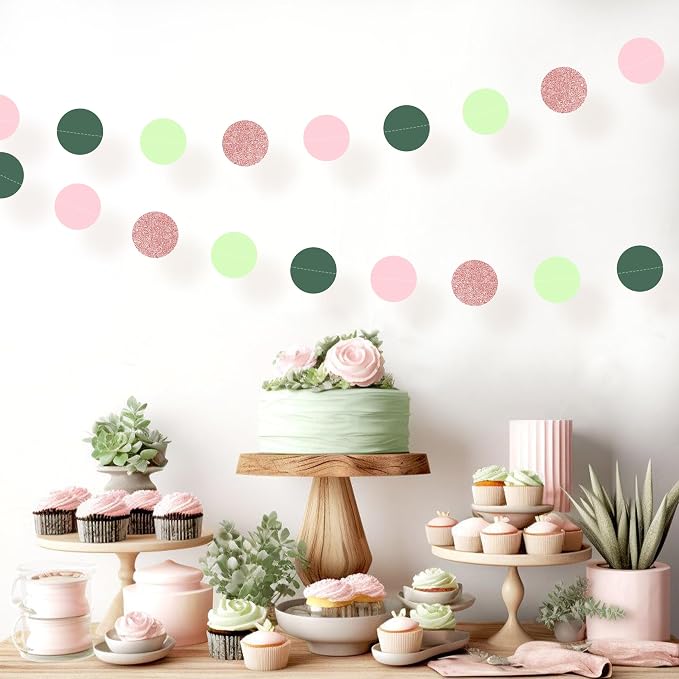 5PCS Sage Green Paper Garland, 72ft Sage Green Pink Polka Dots Circle Ceiling - Image 8