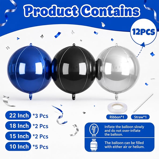 Blue Silver Black Round Balloons Foil, Metallic Blue Silver Balloons - Image 2