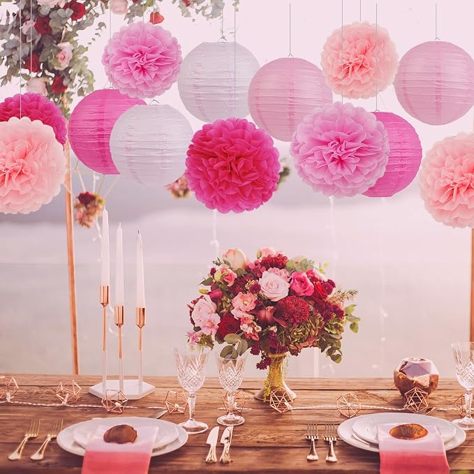 Pink Birthday Party Decorations Paper Lanterns and Pom Poms 15pcs Set | Baby - Image 5
