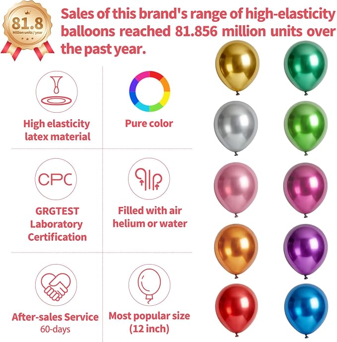 110pcs Metallic Multi Balloons, Metallic Color Latex Balloons 12 inch - Image 2