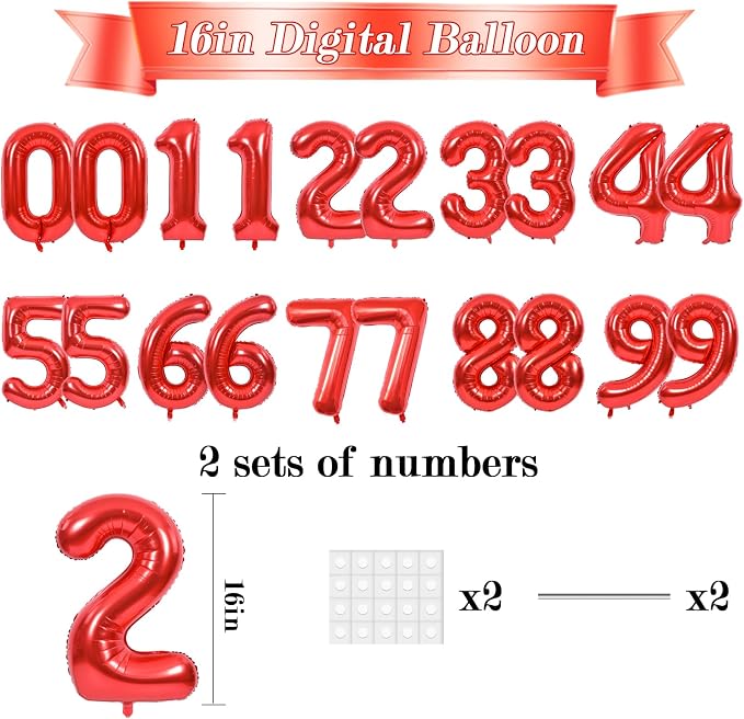 TONIFUL 20 Pcs Number Balloon 2 Set 16 Inch Red 0-9 Numbers Balloons | Small - Image 2