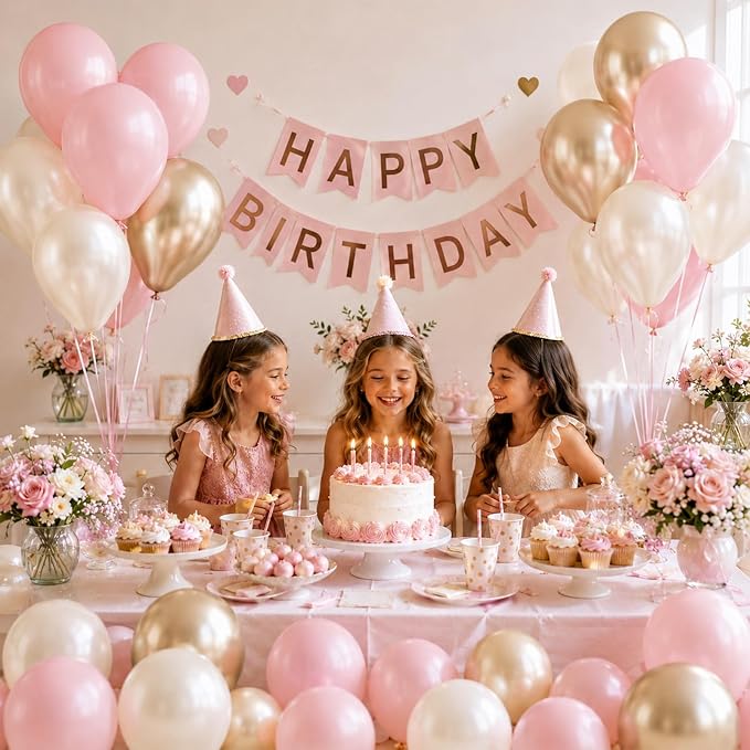 Pink and Gold Balloons, 12 Inch Pastel Light Pink and Pearl Sand White Latex - Image 5