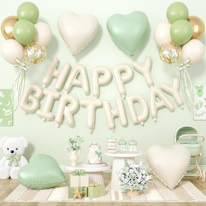 29PC Green Heart Happy Birthday Balloon Banner, 16Inch 3D Aluminum Letter by Paready