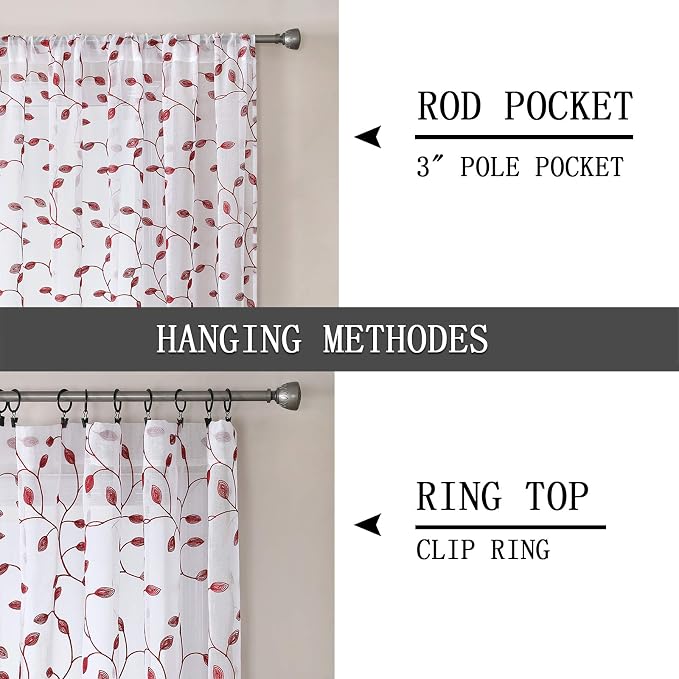Tollpiz Leaves Short Sheer Curtains Burgundy Red Leaf Embroidery Living Room - Image 5