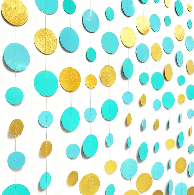 Teal Gold Party Polka Dot Garland Banner Aqua Turquoise Glitter Gold Hanging - Image 4