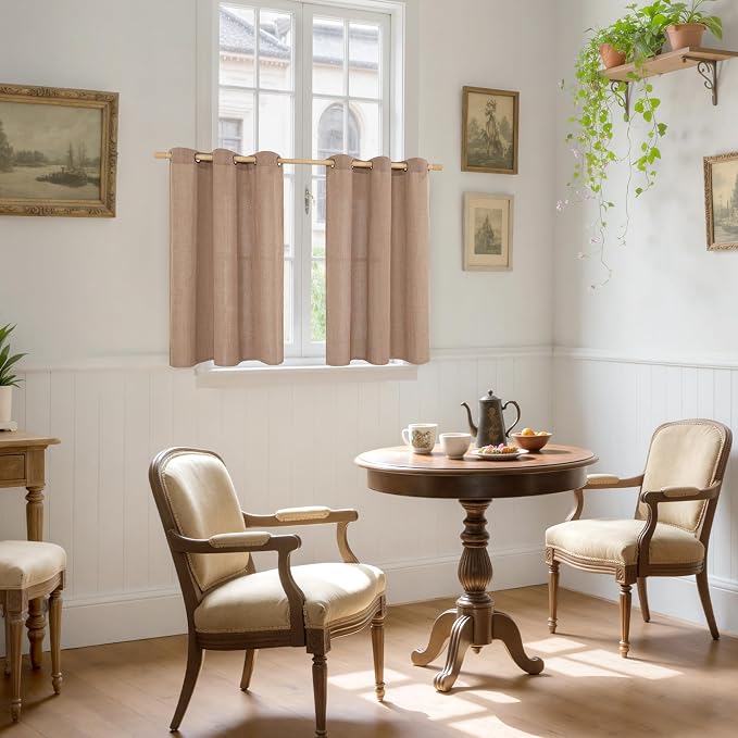 YoungsTex Mocha Brown Linen Kitchen Window Curtains 40 Inch Length, Short Semi - Image 2