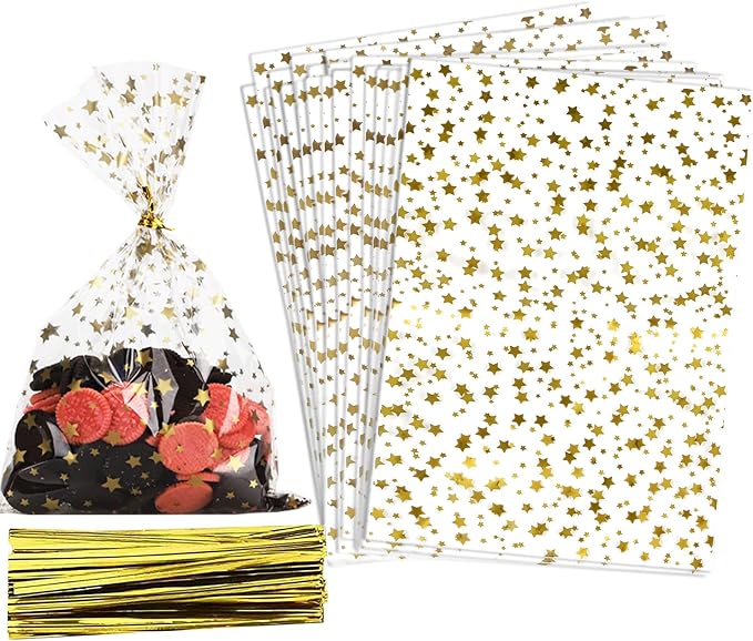 100 Pcs Star Printed 3"X 5"（7.5X12.7cm) Gift Wrap Cello Cellophane Treat Bags by COQOFA