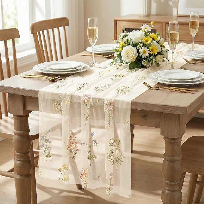 Artoid Mode Wildflower Floral Beige Apricot Gauze Embroidery Table Runner 120 - Image 2