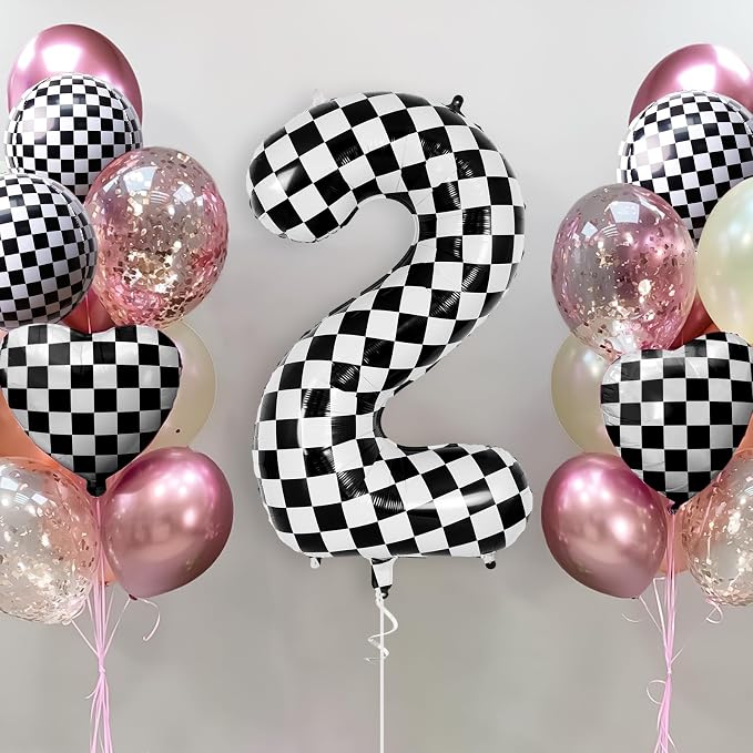 Checkered Number 2 Balloon 40 Inch, Large Foil Black and White Number Balloons - Image 2