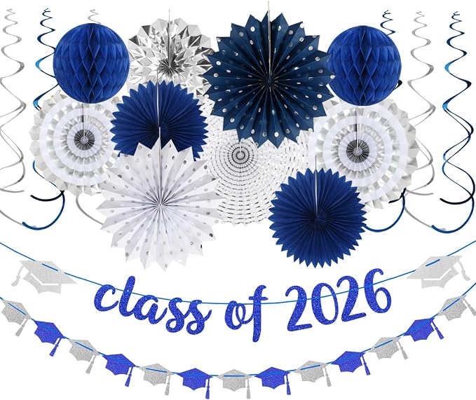 Navy-Blue Silver Party-Decorations Graduation Banner-Streamers by Panduola