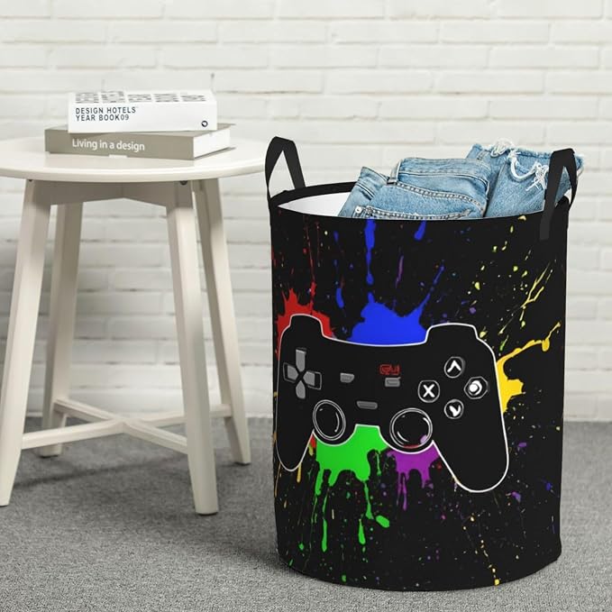38l Round Laundry Hamper Game Joystick Storage Basket Waterproof Coating - Image 7