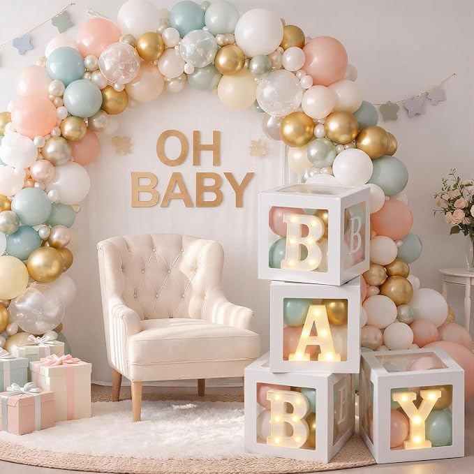 Baby Balloon Boxes with B, Y Light up Letters 4 White Transparent Square Boxes - Image 6