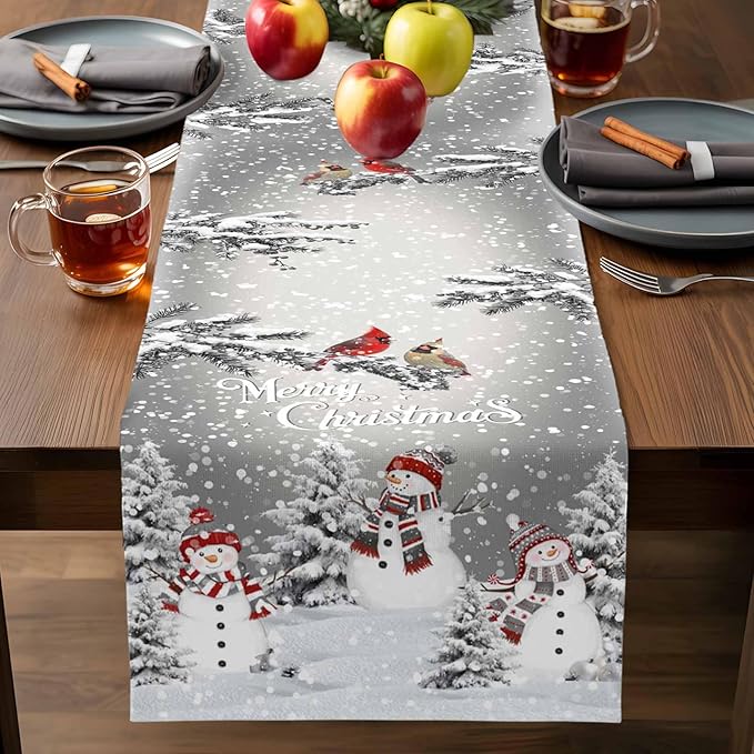 Christmas Snowman Cotton Linen Table Runner for Dining Kitchen, Snowflakes Xmas Pine Tree Wedding Outdoor Party Tablerunner Decoration Winter Bird Dresser Scarf Coffee Tablecloth Runners 13x70 Inches