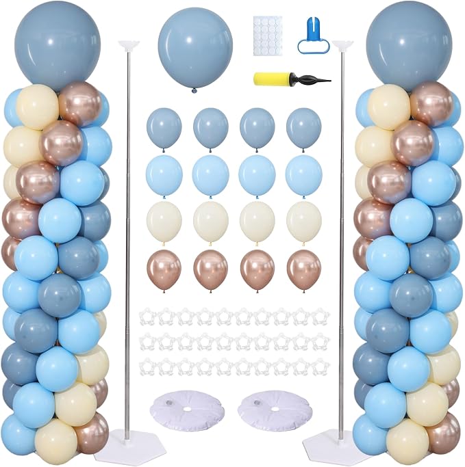 Dusty Blue Balloon Column Stand Kit 2 Sets Blue Balloons Tower | 102Pcs Fog by ZyloonDecoration