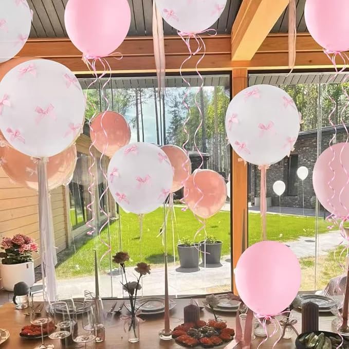 Pink Bow Balloons，32Pcs White Pink Balloons & 100Pcs Mini Ribbon Bows DIY Bow - Image 5
