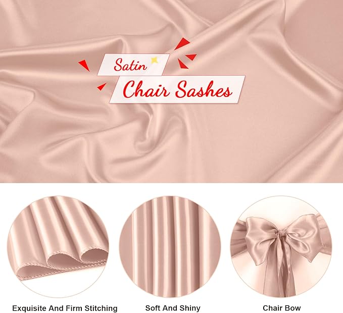 10 PCS Blush Pink Satin Chair Sashes Bows Universal Chair Ribbon Ties Back Sash for Wedding Party Reception Events Banquets Hotel Event Chair Cover Decoration (7x108 inch)