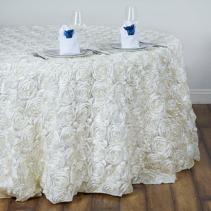 Efavormart 132" Wholesale Round Table Cover Ivory Grandiose Rosette 3D Satin Tablecloth for Wedding Party Event Decoration