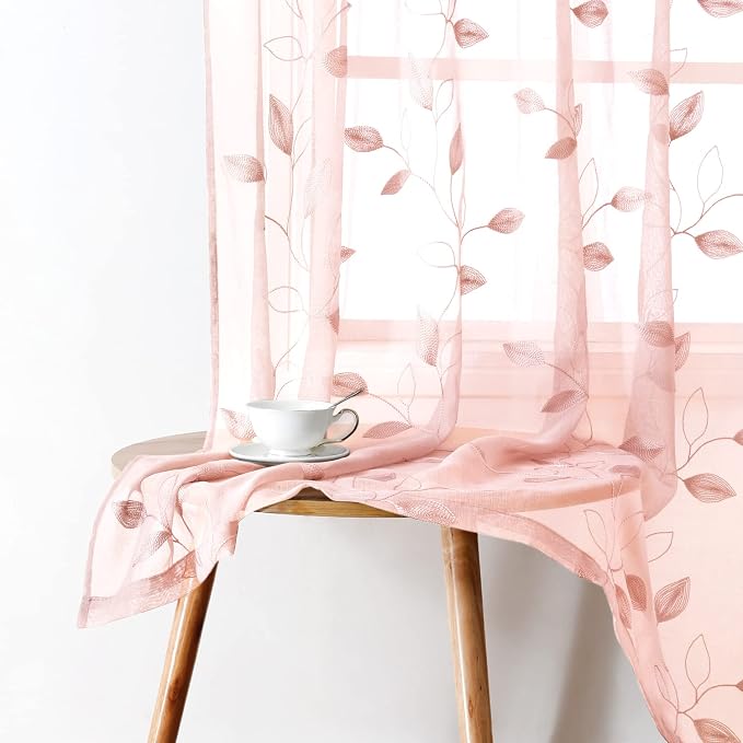 HOMEIDEAS Blush Pink Sheer Curtains 2 Panels Set, Embroidered Leaf, W52xL63 | - Image 7