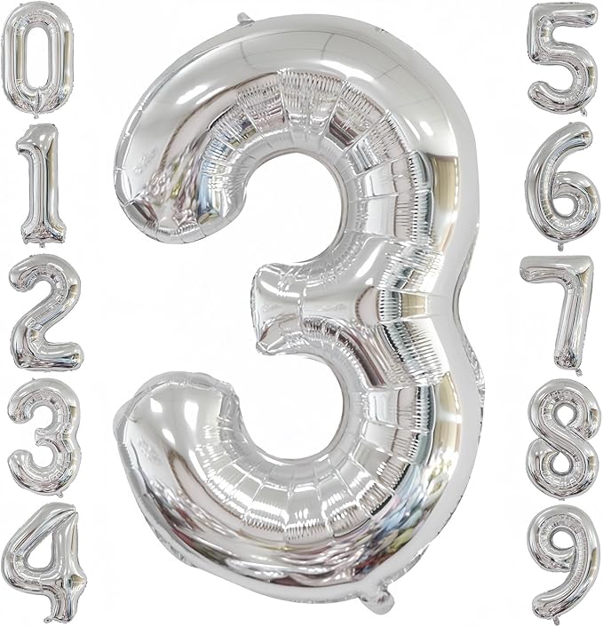 Silver 3 Balloon, 40 Inch Number 3 Balloon, 3 Birthday Balloon Decorations by BBPOOL