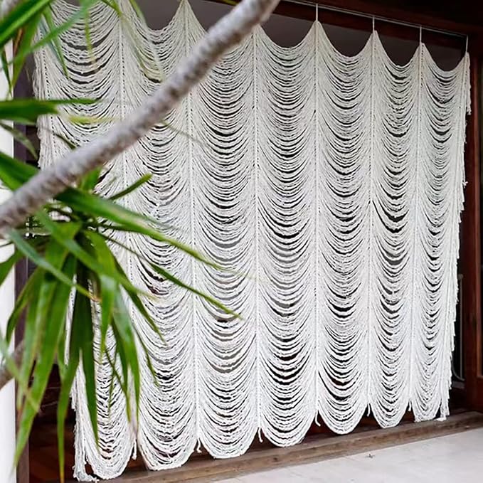 Macrame Curtain White Handmade Boho Room Divider Window Yarn 59"W*75"L | Cotton - Image 5