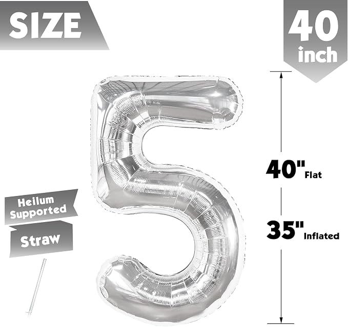 40 Inch Silver Number 5 Balloon Birthday Party Decorations - Image 5