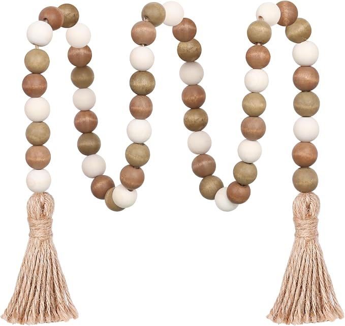 Meplait Wood Bead Garland, 39in Decorative Tassels Garland, Coffee&Natural | by Meplait