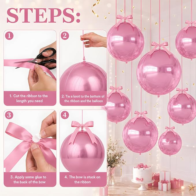 Pink Round Foil Balloons with Satin Bows Ribbon - Image 9
