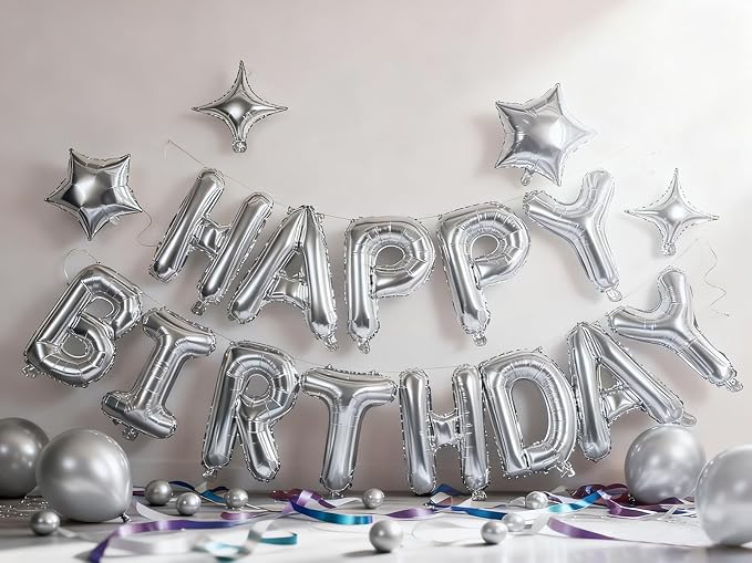 Silver Happy Birthday Banner Balloon Aluminum Foil 16 Inch Letter, 10 Inch Five - Image 5