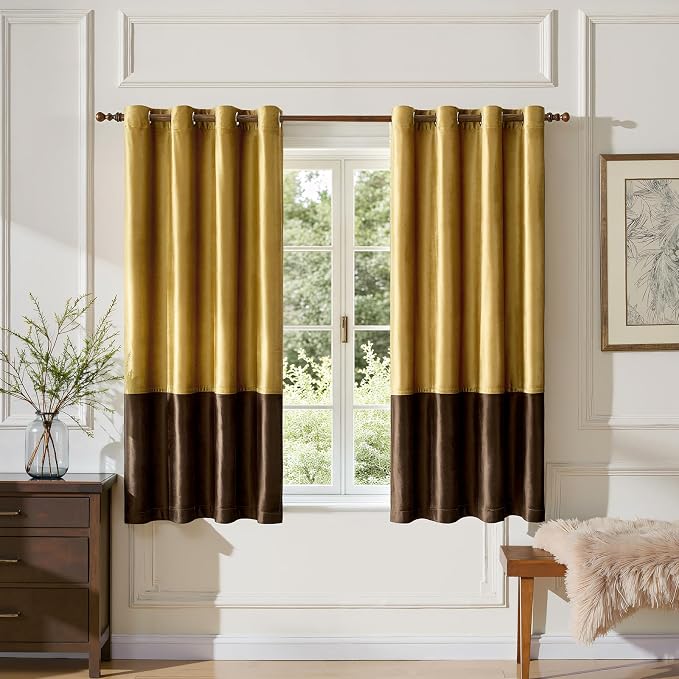 Gold Brown Velvet Blackout Curtains Luxury Decor 63 inches, Color Block | by ModernShinyVelvetCurtains