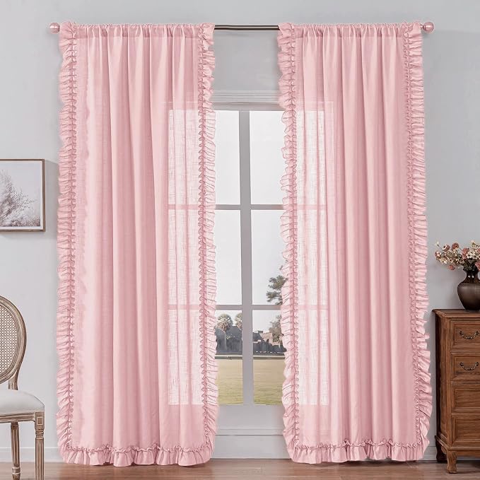 Blush Pink Ruffled Curtains for Girls Bedroom 47 x 63 Inch, 2 Panels | Rod - Image 7
