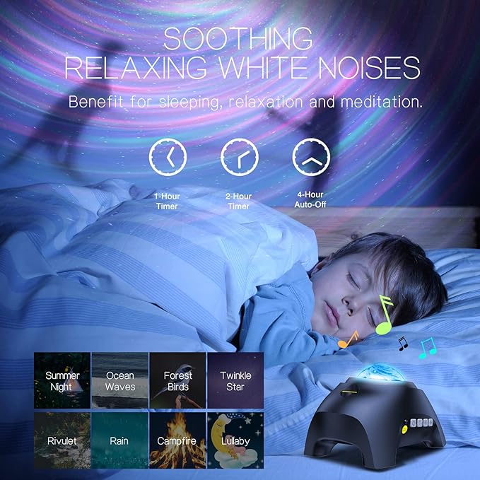 Northern Galaxy Light Aurora Projector with 33 Light Effects, Night Lights LED Star Projector for Bedroom Nebula Lamp, Remote Control, White Noises, Bluetooth Speaker for Parties, Jet Black