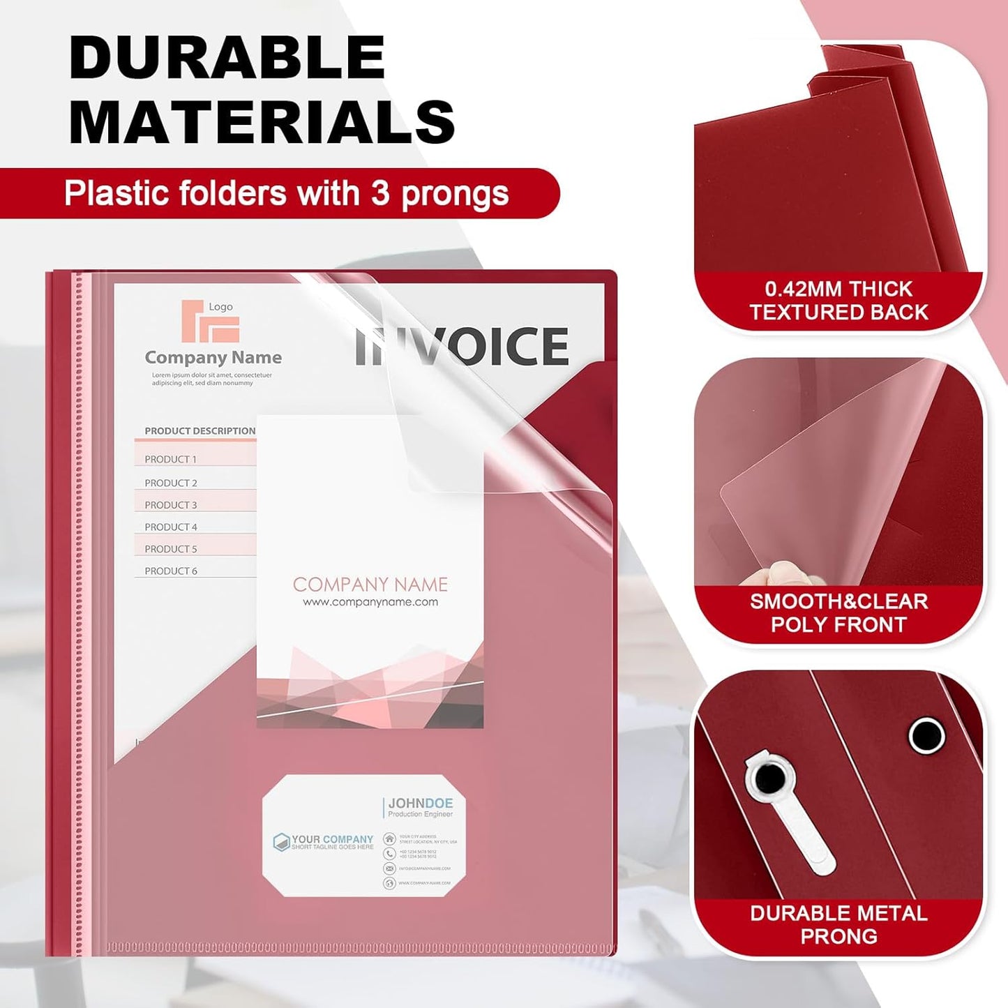 Teling 24 Pcs Clear Report Cover with 3 Prongs, Plastic Report Presentation Folders 90 Sheet Capacity Resume Document Covers for School Office(Dark Red)