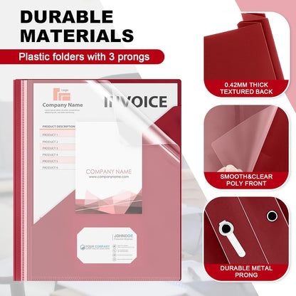 Teling 24 Pcs Clear Report Cover with 3 Prongs, Plastic Report Presentation Folders 90 Sheet Capacity Resume Document Covers for School Office(Dark Red)