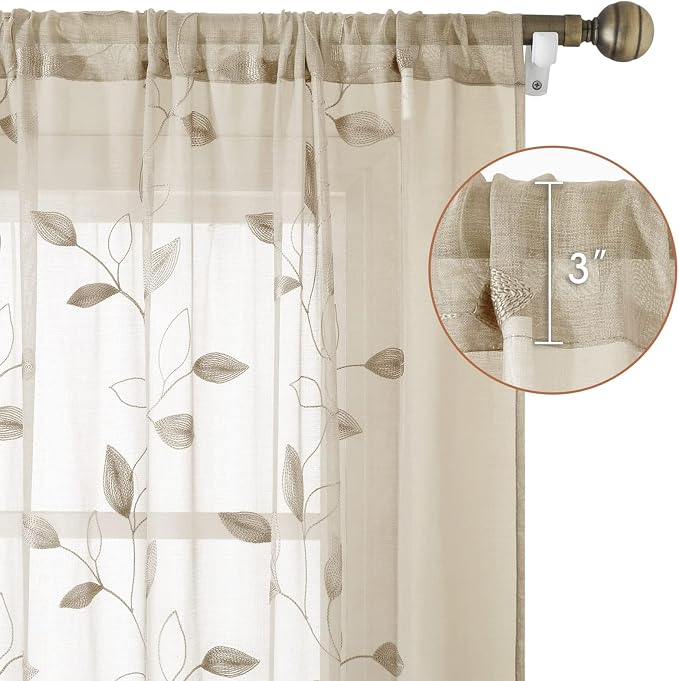 HOMEIDEAS Taupe Sheer Curtains 52 X 96 Inches Long 2 Panels Beige Embroidered - Image 5