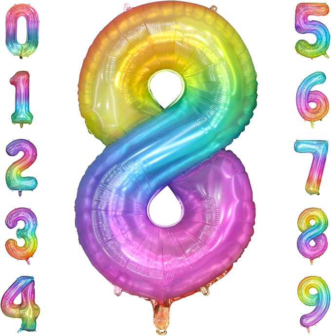 Rainbow Number 8 Balloon, 40 Inch Large Number Foil Mylar Balloons by PatiCool