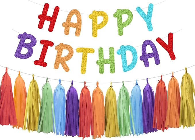 Rainbow Happy Birthday Banner and Paper Tassel Garland by Aonor