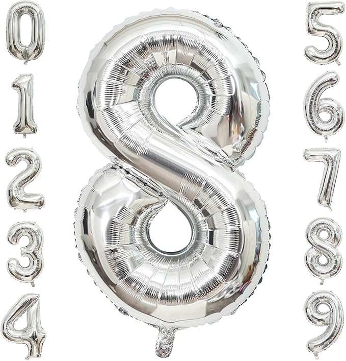 Silver Number 8 Balloon, 40 Inch Large Number Foil Mylar Balloons by PatiCool