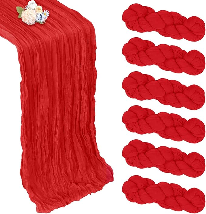 6 Pack Red Cheesecloth Fall Table Runner 10ft Boho Gauze Fabric Cheese Cloth Thanksgiving Christmas Table Runner 35 x 120 Inch Rustic Sheer for Wedding Decor Bridal Shower Party Centerpiece Decoration
