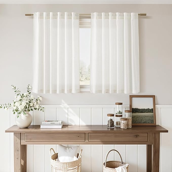 Beige White Linen Curtains 36 Inch Length Cortinas para Cocina Kitchen Semi - Image 7