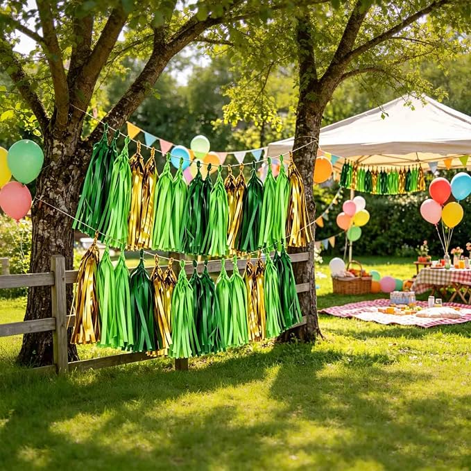 Green and Metallic Gold Tassel 30Pcs Tissue Paper Tassels Garland DIY Hanging - Image 5