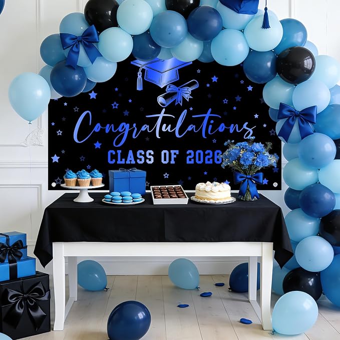 Congratulations Graduation Banner Class of 2026 Backdrop Black Blue Congrats - Image 2