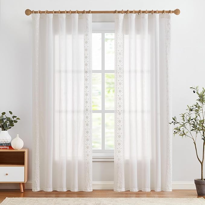 jinchan Floral Linen Curtains Embroidered Back Tab 50x84in 2 Panels White | - Image 3