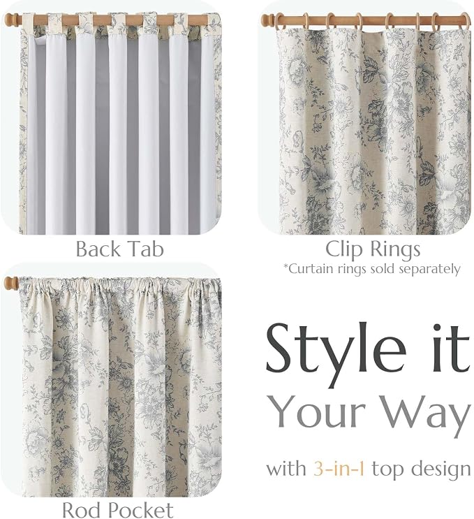 jinchan Grey Floral Linen Blackout Curtains Lined 84 Inch Back Tab 2 Panels | - Image 4