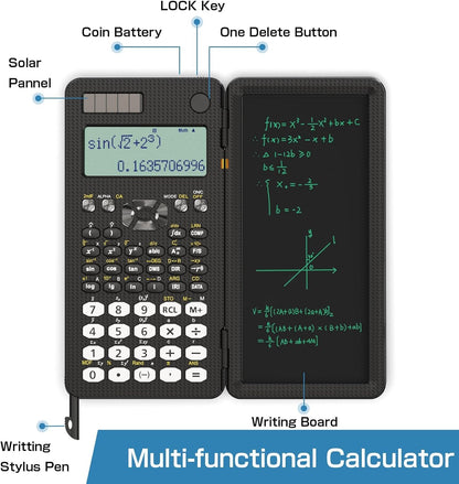 Scientific Calculator for Students with Notepad, ROATEE Middle and High School Supplies for Students, 82 MS Foldable 2-Line Display Science Calculator with Writing Tablet, Solar and Battery Powered