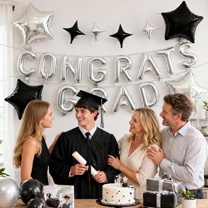Congrats Grad Balloons, 16 Inch Black Silver Congrats Grad Letters Banner - Image 5