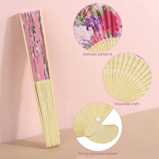 Aodaer 20 Pack Floral Folding Fans Chinese Style Handheld Fans Silk Bamboo Fans Decorative Fans for Wedding, Party Favors