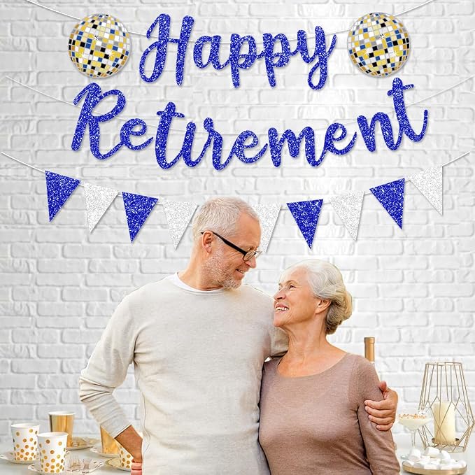 Pre Strung Happy Retirement Banner Party Decorations | Blue Glitter Sign Bunting - Image 2
